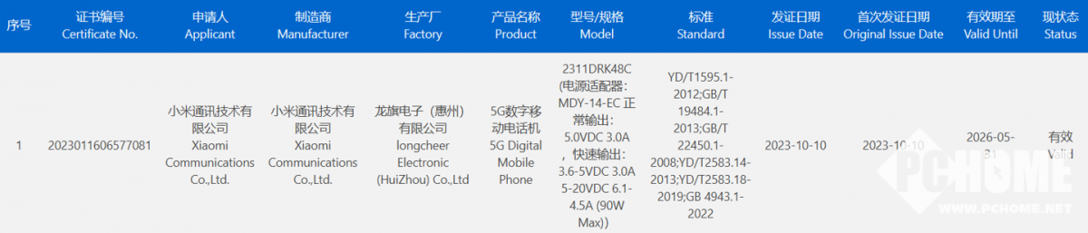 小米Redmi K70系列手机通过3C认证：支持90W快充